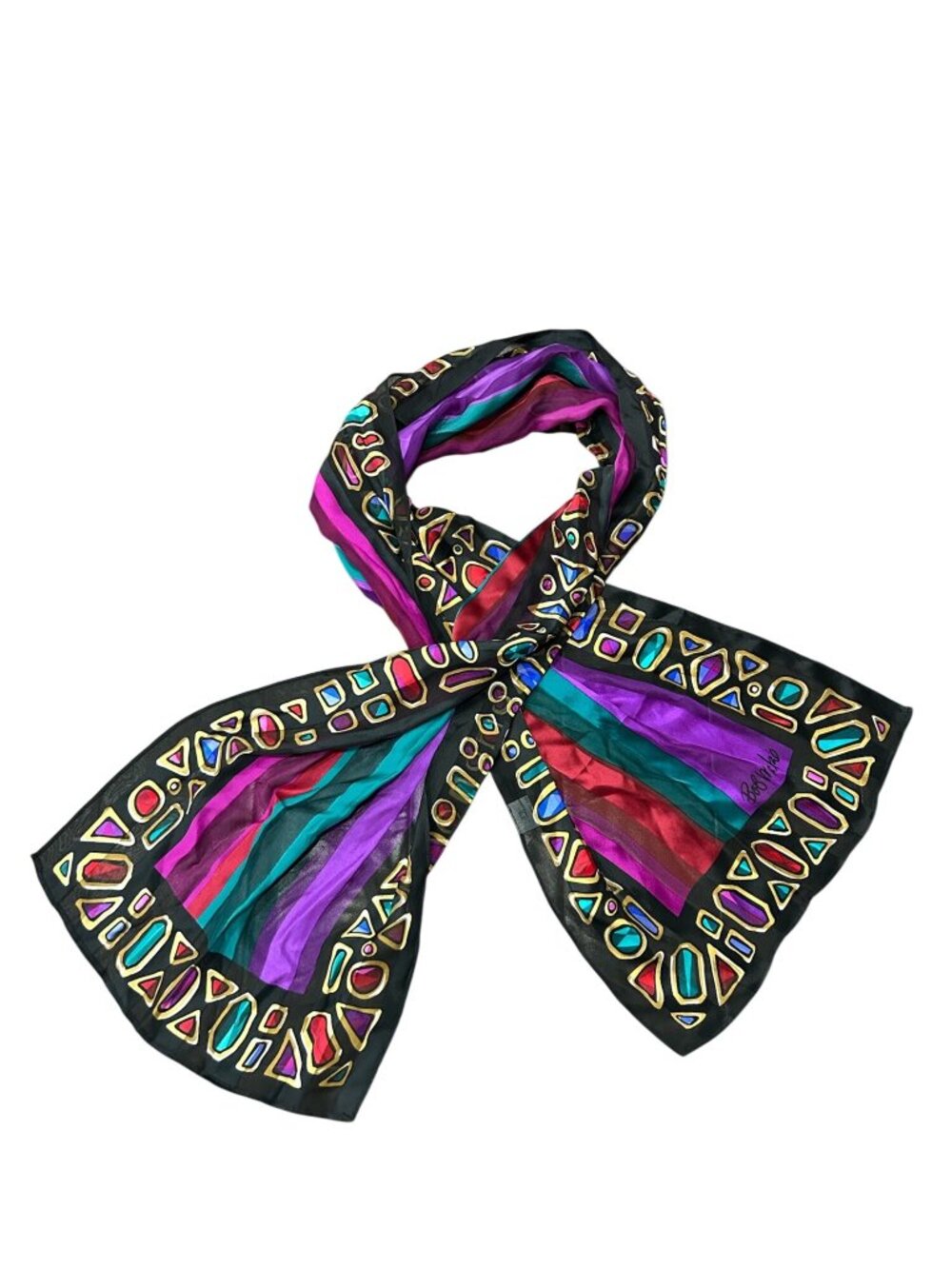 Bob Mackie Wearable Art 100% Silk Geometric In Jewel Tones Scarf Luxurious